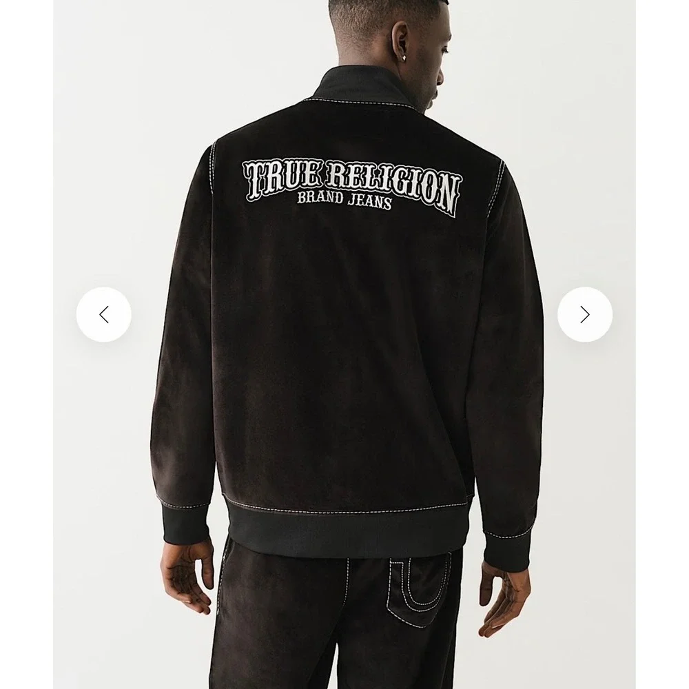 True Religion Mens Big T Velvet Mock Zip Up Jacket Jet Black Size XS‎ New